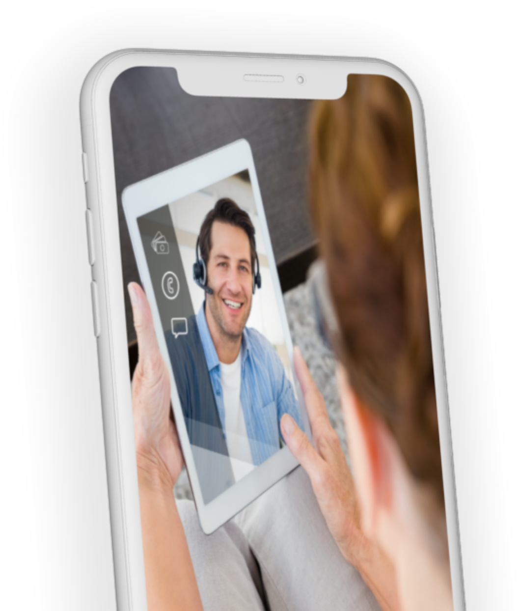 an image of a cell phone where the screen is portraying a person interacting with a person on a video conference call